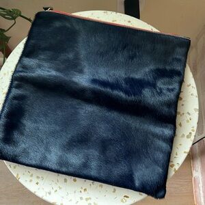Clare Vivier Clutch Fold Over Bag - Dark Blue Fur & Black Leather